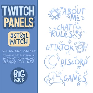Può includere: Un set di 43 pannelli Twitch unici con uno schema di colori blu e bianco con un tema celeste e fantasioso. I pannelli includono testo come "Informazioni su di me", "Regole del chat", "TikTok", "Discord" e "Giochi".