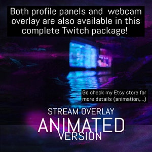 Op de afbeelding: Geanimeerde Twitch-streamoverlay met een blauw en paars kleurenschema. De tekst "STREAM OVERLAY ANIMATED VERSION" wordt weergegeven op de overlay. De tekst "Go check my Etsy store for more details (animation,...)" wordt ook weergegeven.