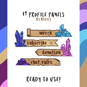 Peut inclure: Panneaux de profil numériques sur le thème de la fantaisie. L'image présente des panneaux avec du texte tel que "merch", "subscribe", "donation" et "chat rules". Chaque panneau est décoré de grappes de cristaux bleus, violets et roses. Le texte "Ready to Use!" est également inclus.