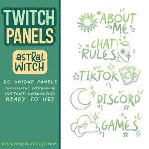 Twitch Bio Panels - Set of 20 Green Panels with Cosmic Moon & Stars Theme | Tarot-Inspired Panels for Streaming | Digital Pack