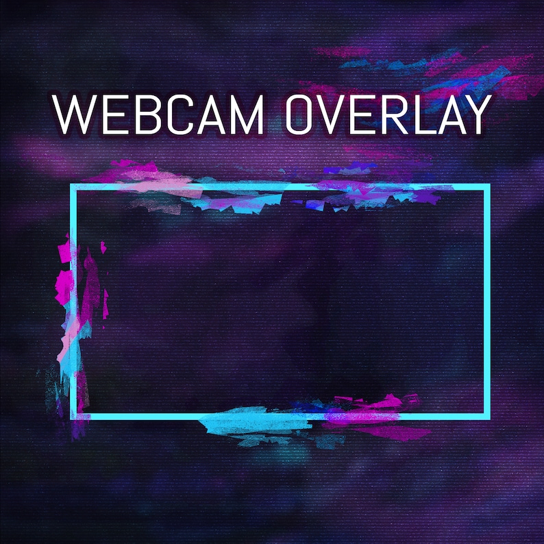 Op de afbeelding: Een abstract ontwerp van neonblauwe en roze verfspatten met een vierkant frame in neonblauw. De tekst "WEBCAM OVERLAY" staat bovenaan de afbeelding.