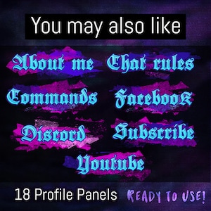 Op de afbeelding: 18 aanpasbare Twitch-profielpanelen met een grunge-esthetiek. De panelen hebben blauwe tekst op een paarse en roze achtergrond. De tekst omvat "Over mij", "Chatregels", "Opdrachten", "Facebook", "Discord", "Abonneren" en "Youtube".