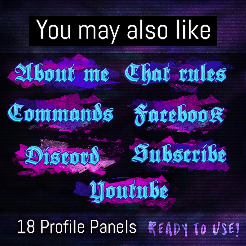 Op de afbeelding: 18 aanpasbare Twitch-profielpanelen met een grunge-esthetiek. De panelen hebben blauwe tekst op een paarse en roze achtergrond. De tekst omvat "Over mij", "Chatregels", "Opdrachten", "Facebook", "Discord", "Abonneren" en "Youtube".