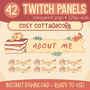 42 Cute and Cozy Cottagecore Illustrated Twitch Profile Panels - Books and tea for streaming!