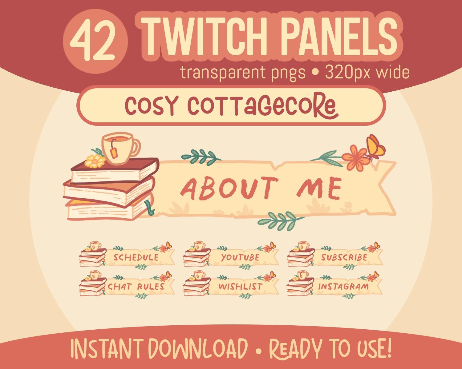 42 Cute and Cozy Cottagecore Illustrated Twitch Profile Panels - Books and tea for streaming!