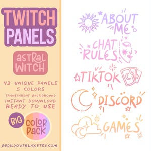 Pacchetto completo di pannelli astrali per Twitch - 43 pannelli bio in 5 colori | Disegni ispirati a stelle, luna, fiori e tarocchi | Perfetto per gli streamer