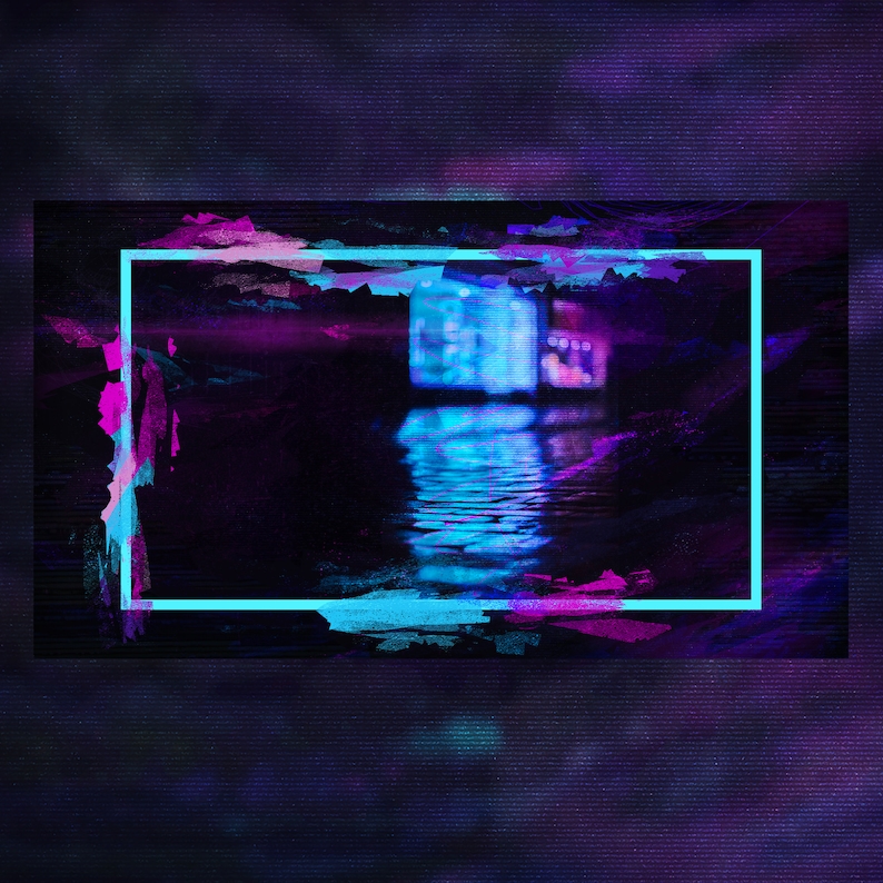Op de afbeelding: Een digitale kunstafbeelding van een neonblauwe en paarse stadsgezicht dat wordt weerspiegeld in een waterlichaam. De afbeelding is omlijst met een neonblauwe rand en heeft een korrelig, gepixeld effect.