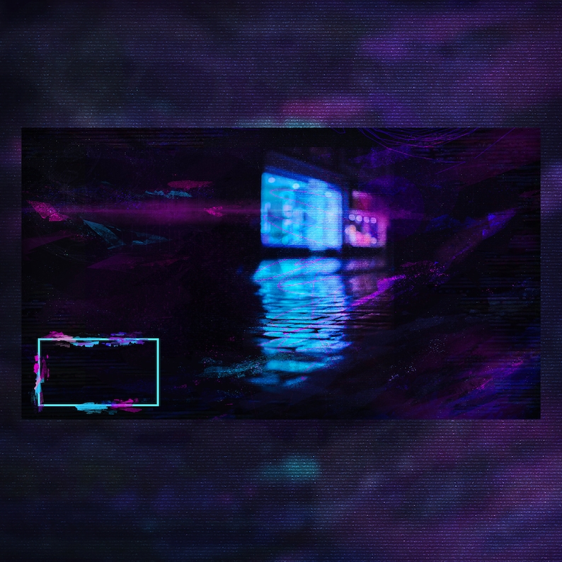 Op de afbeelding: Een digitale kunstafbeelding van een donkere, abstracte sc&egrave;ne met een blauwe en paarse gloed. De gloed reflecteert op het water eronder. De afbeelding heeft een retro, gepixelde en glitchy esthetiek.