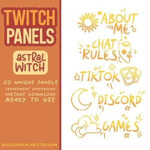 Puede incluir: Un conjunto de 20 paneles únicos de Twitch con un tema celestial en un esquema de colores amarillo y naranja. Los paneles incluyen texto como "Acerca de mí", "Reglas del chat", "TikTok", "Discord" y "Juegos".