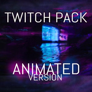 Op de afbeelding: Een digitale illustratie van een Twitch-pakket met de tekst "TWITCH PACK ANIMATED VERSION" in witte letters op een donkere achtergrond met een blauwe en paarse gradiënt.