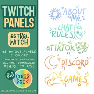 Pacchetto completo di pannelli astrali per Twitch - 43 pannelli bio in 5 colori | Disegni ispirati a stelle, luna, fiori e tarocchi | Perfetto per gli streamer
