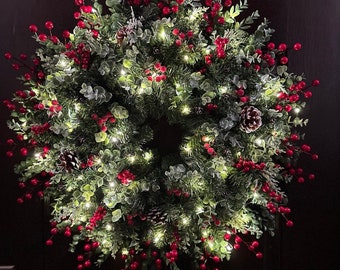 Very Merry Berry Holiday Wreath, Large Festive Wreath, Holiday Light Wreath, Large Pine Wreath with Lights, Christmas Wreath, Winter Wreath