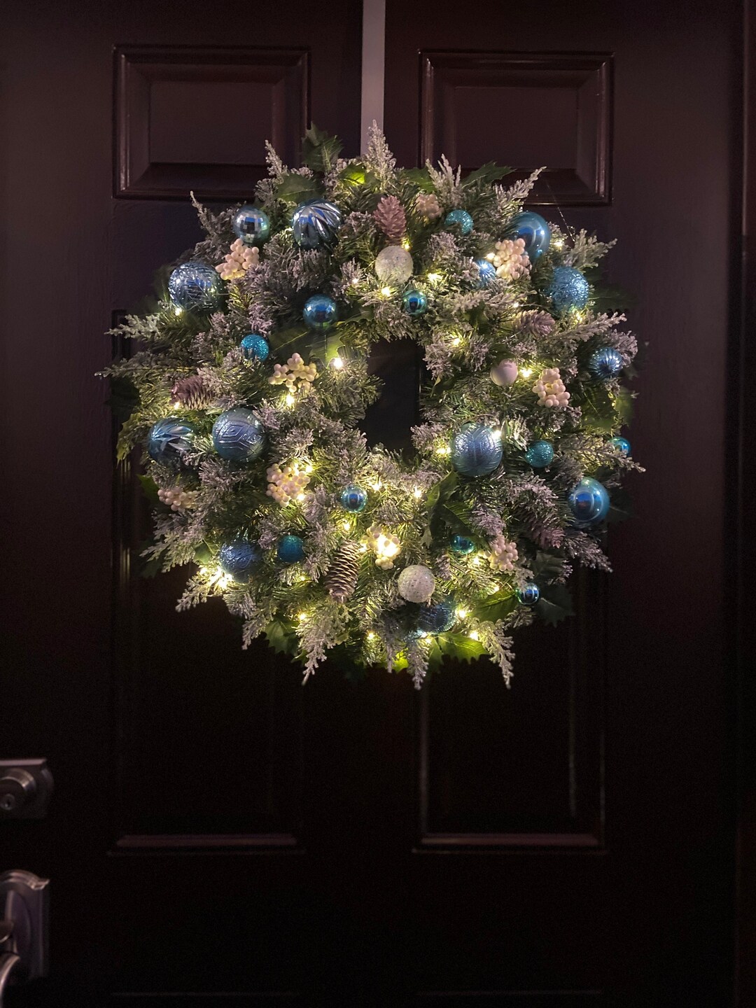 Blue Ornaments Wreath, Silver Flower Pine Wreath, Large Festive Wreath, Christmas Pine Wreath 