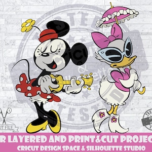 Minnie Und Daisy SVG Design Dateien für Cricut Silhouette Cut Dateien Layered and PrintAndCut A Mickey Mouse Cartoon Minnie Mouse SVG Daisy Duck