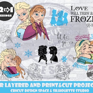 Paquete de hermanas SVG congeladas Archivos de diseño SVG para archivos de corte de silueta Cricut en capas y PrintAndCut Anna svg Elsa svg Paquete congelado svg