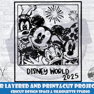 Mickey Mouse en vrienden Polaroid 2025 SVG-ontwerpbestanden voor Cricut Silhouette gesneden bestanden gelaagde Goofy Minnie Donald SVG selfie SVG polaroid