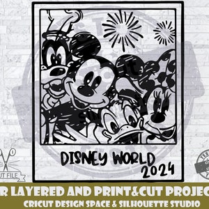 Mickey Mouse und Freunde Polaroid 2024 SVG-Design-Dateien für Cricut Silhouette geschnitten Dateien überlagert Goofy Minnie Donald SVG Selfie SVG Polaroid