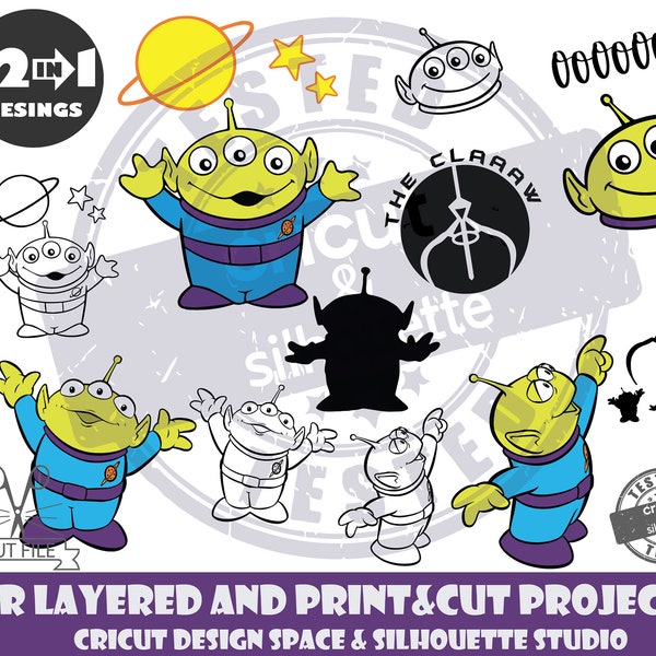 Toy Story SVG Alien Bundle SVG Design Files For Cricut Silhouette Cut Files Layered And PrintAndCut Three Eyes Alien Package SVG