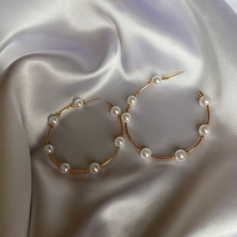 Gold Pearl Hoops Hollow Hoops Hoops Gold Hoops Silver Etsy