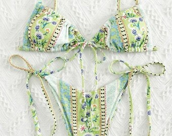 Green/Blue Floral Bikini Set, Drawstring Summer Bikini, Floral Tie Bikini, Small Drawstring Bikini