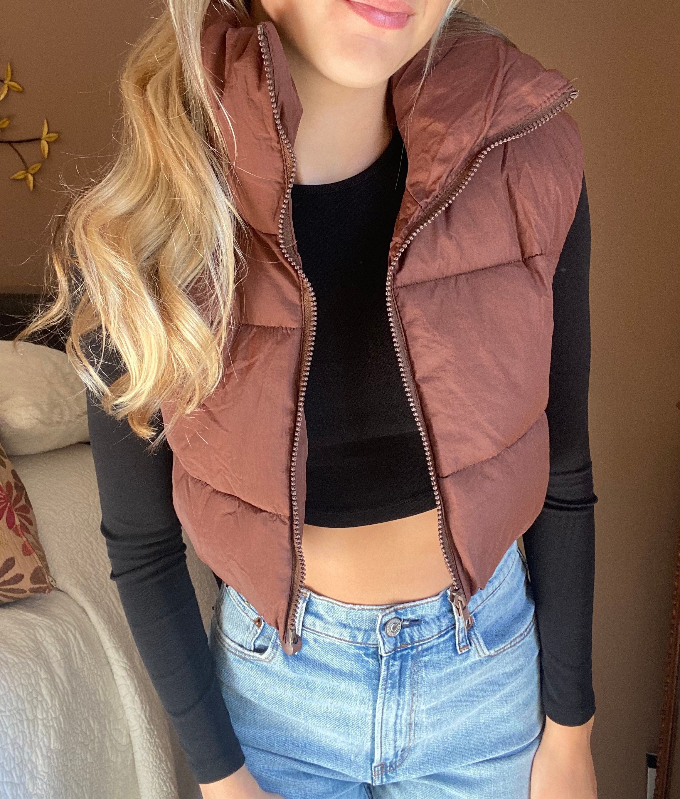 Brown/black/tan/white Womens Cropped Puffer Vest Solid Color 