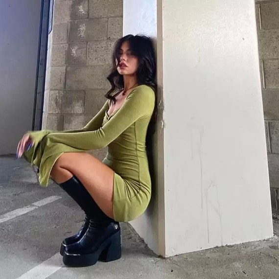 Green Flare Arm Bodycon Dress Green 