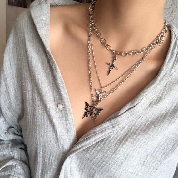 Silver Necklace Set, Y2K Necklace, Goth Jewelry Set Charm Necklace, Goth  Jewelry, Punk Jewelry, Emo, Grunge, E-girl Necklace, Egirl 