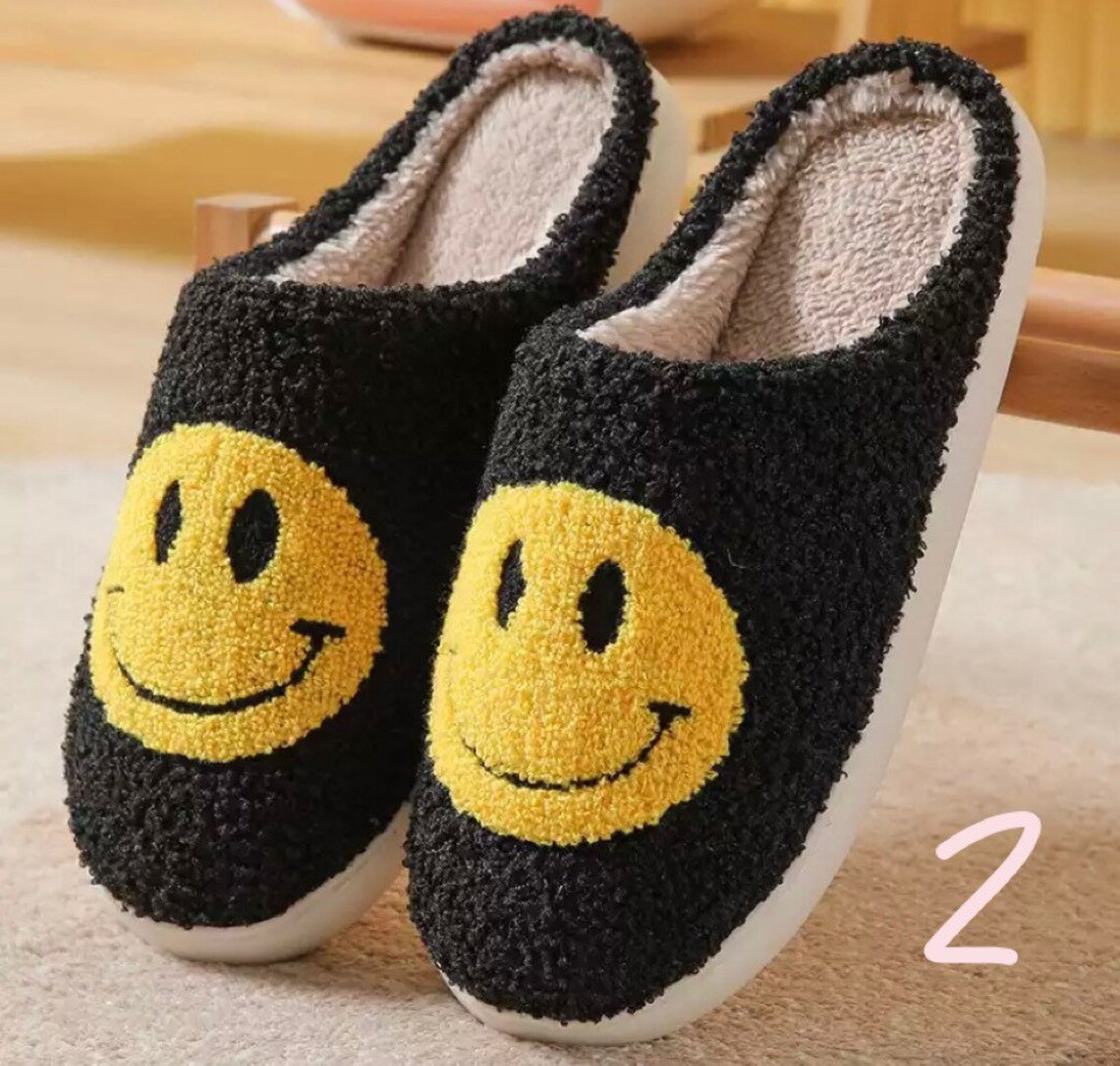 Smiley Face Slippers Fluffy Cushion Slides Cute Womens Etsy