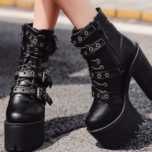Black Goth Aesthetic Punk Heel Boots