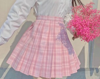 Pink Blossom Harajuku Preppy School Uniform Plaid Pleated School Summer Skirt/ Optional Set