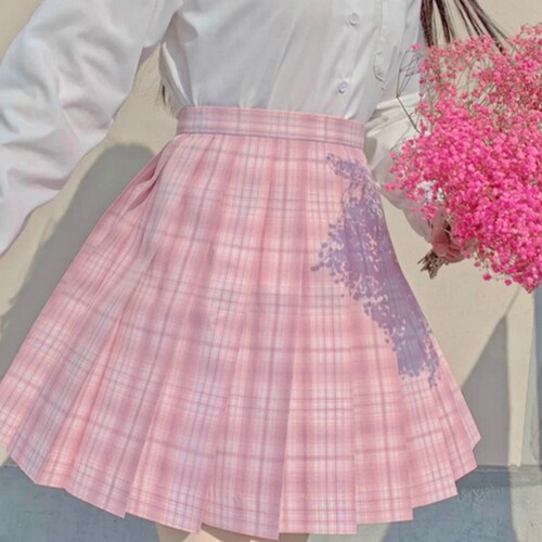 Pink Blossom Harajuku Preppy School Uniform Plaid Pleated School Summer Skirt/ Optional Set