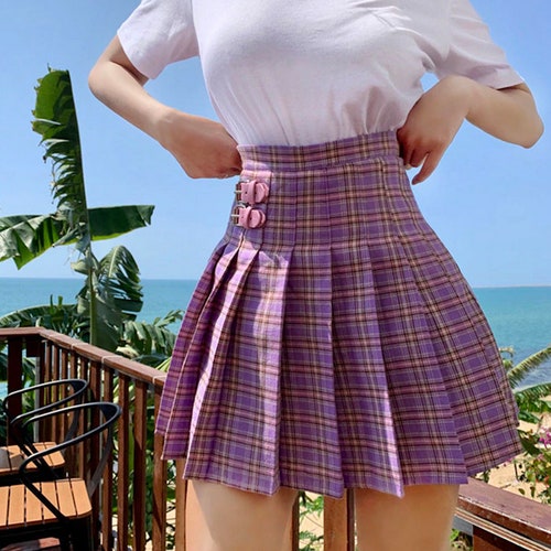 Kawaii High Wait Purple Preppy Style Mini Pleated Skirt