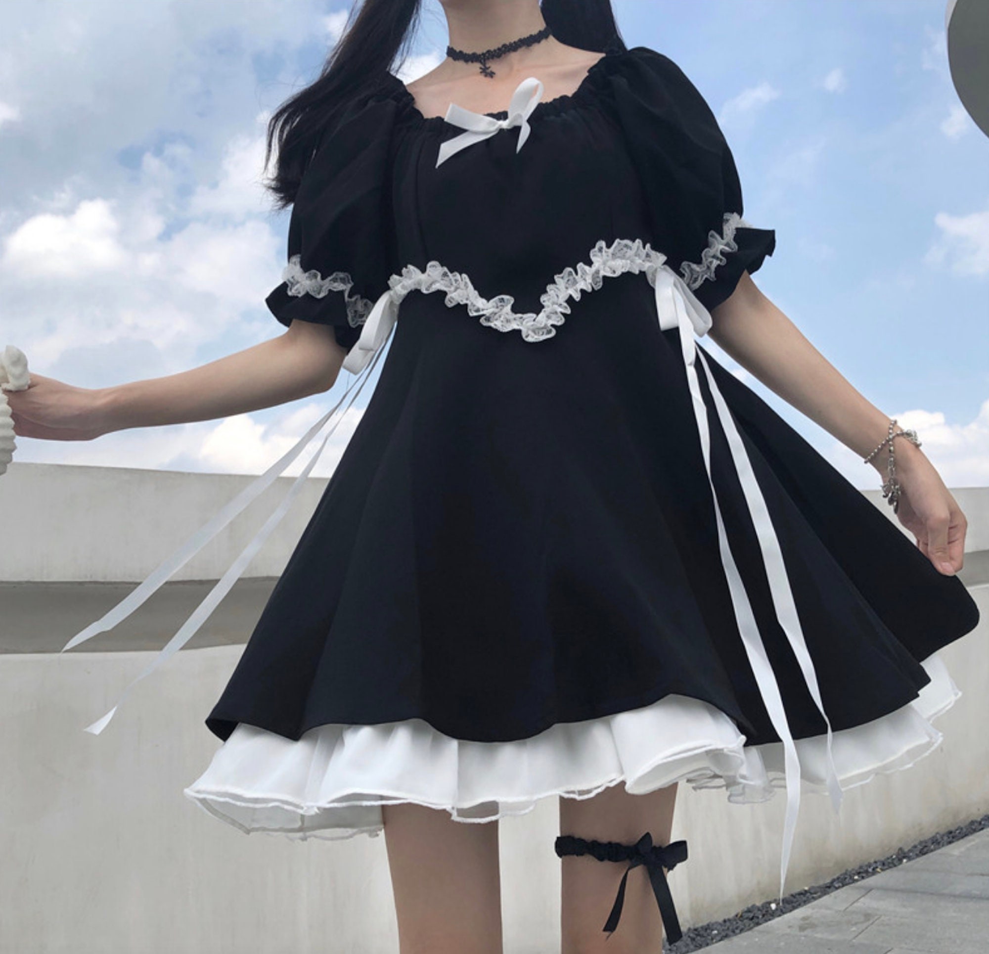Harajuku Cute Lolita Short Puff Sleeve Lace Up A-line Dress Punk Kawaii