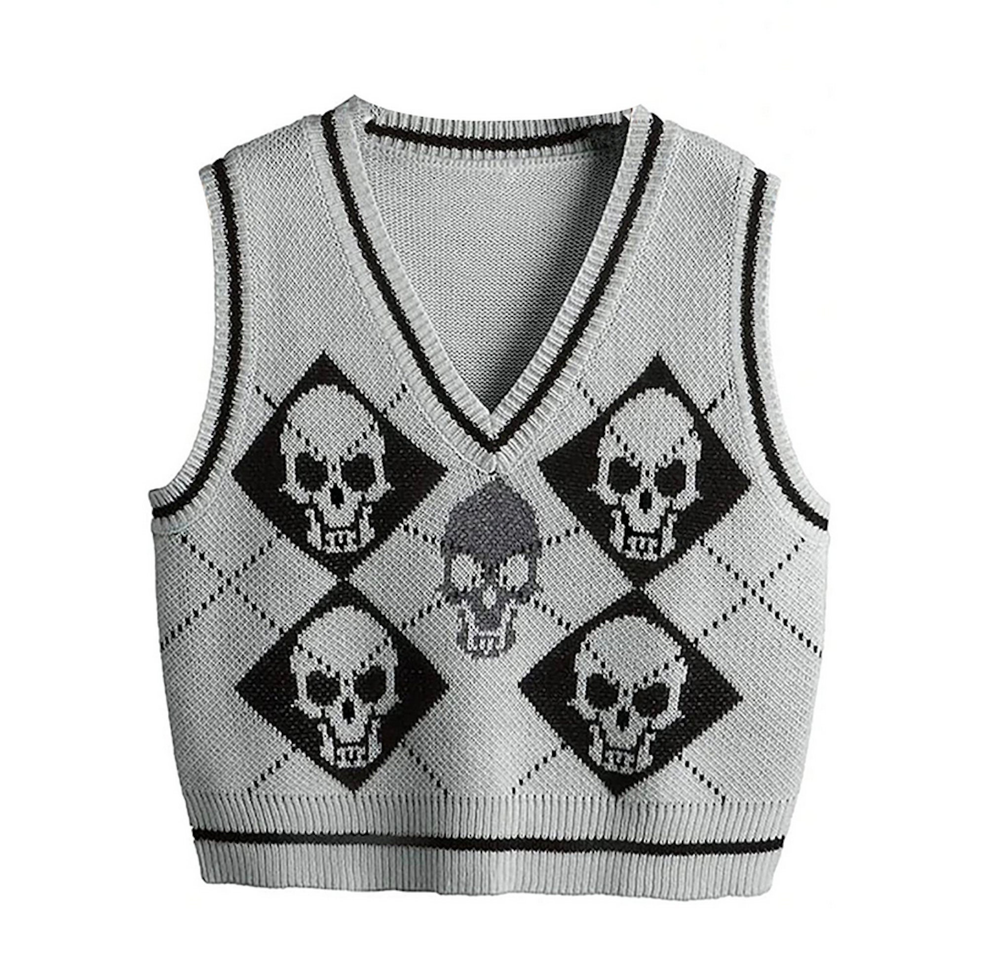 Skull Grey Argyle Sweater Crop Top Vest 