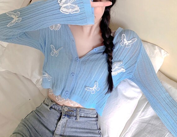 Cute Butterfly Sheer Knit Crop Cardigan 