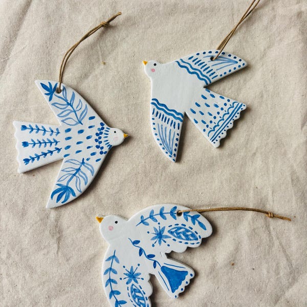 Hand-Painted Clay Bird Ornament: Scandinavian Christmas Decor