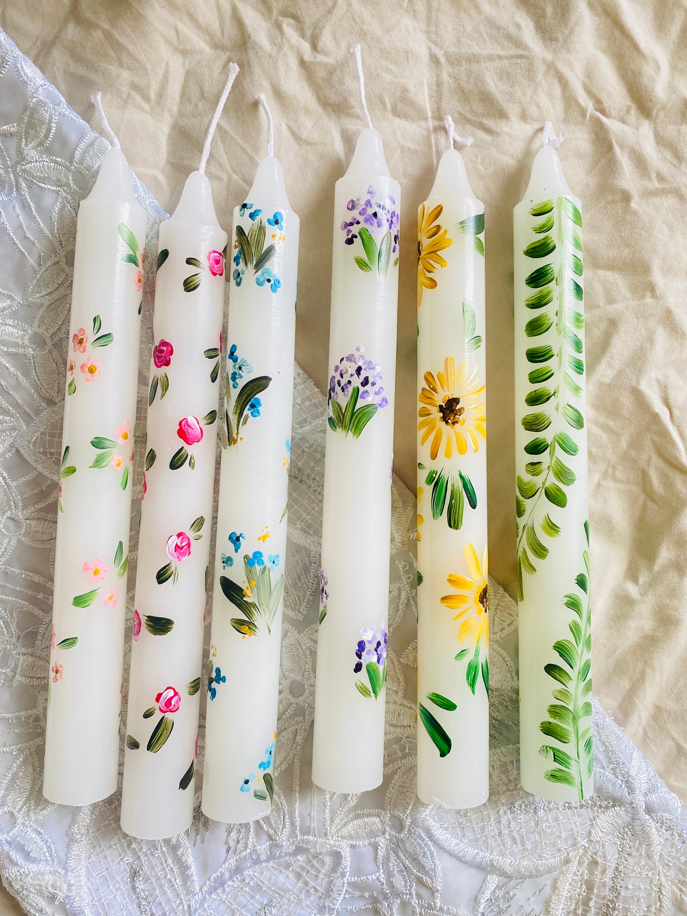 Hand Painted Pillar Candles, Large Pillar Candle, Floral Candle, Floral