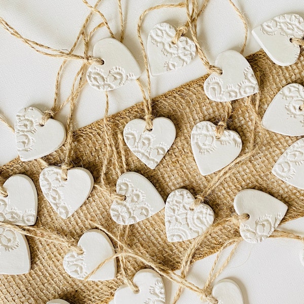Handmade clay hanging white heart ornament, with lace flower design,valentine’s day gift ,thank you ,place name tags,cheap wedding favors