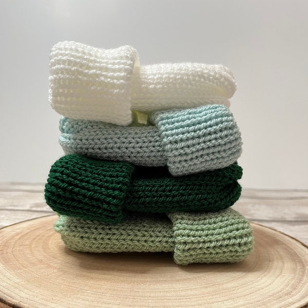 Handmade Knitted Newborn - 6 Months Baby Beanie. Winter Baby Hat. Greens/White. Double Layered Baby Hat. Newborn Hospital Hat.