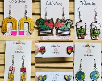 back to school earrings, bookworm, globe,  pencils, book lover, book tok, teacher appreciation