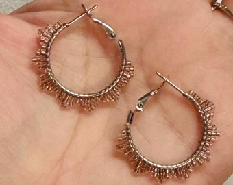 1” spike hoops, hand beaded, stainless steel earrings