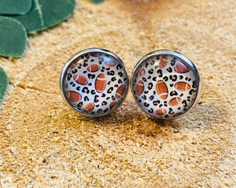 Football Leopard Print Stud Earrings, Stainless Steel (12mm)