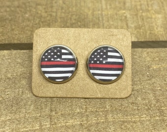 12mm thin red line studs, fireman, fire wife, gift for her, fire woman