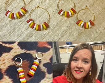 Handmade Clay Bead Hoop Earrings, Chiefs Football Fan Jewelry