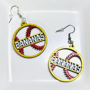 Savannah Bananas 1.5” hand painted wooden earrings, banana ball, banana fanatic gift