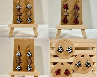 Christmas Tree Dangle Earrings, Cow Print, Buffalo Plaid