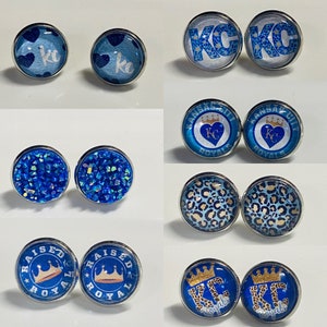Kansas City baseball stud earrings, crown town, leopard print, royals baseball, raised royal, blue druzy, World Series