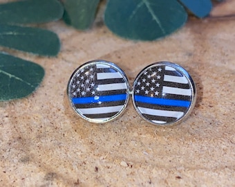 Thin Blue Line Stud Earrings, Police Support Gift (12mm)