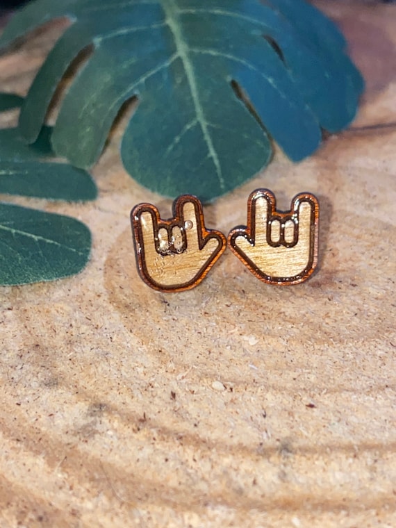 ASL "I Love You" Wooden Stud Earrings, Sign Language Gift