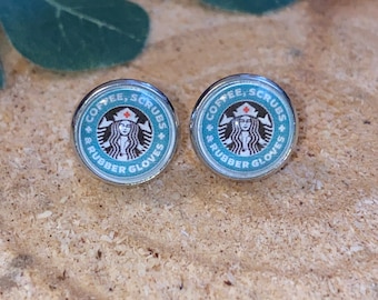 12mm Coffee, Scrubs and Rubber Gloves, nurse earrings, nursing school gift